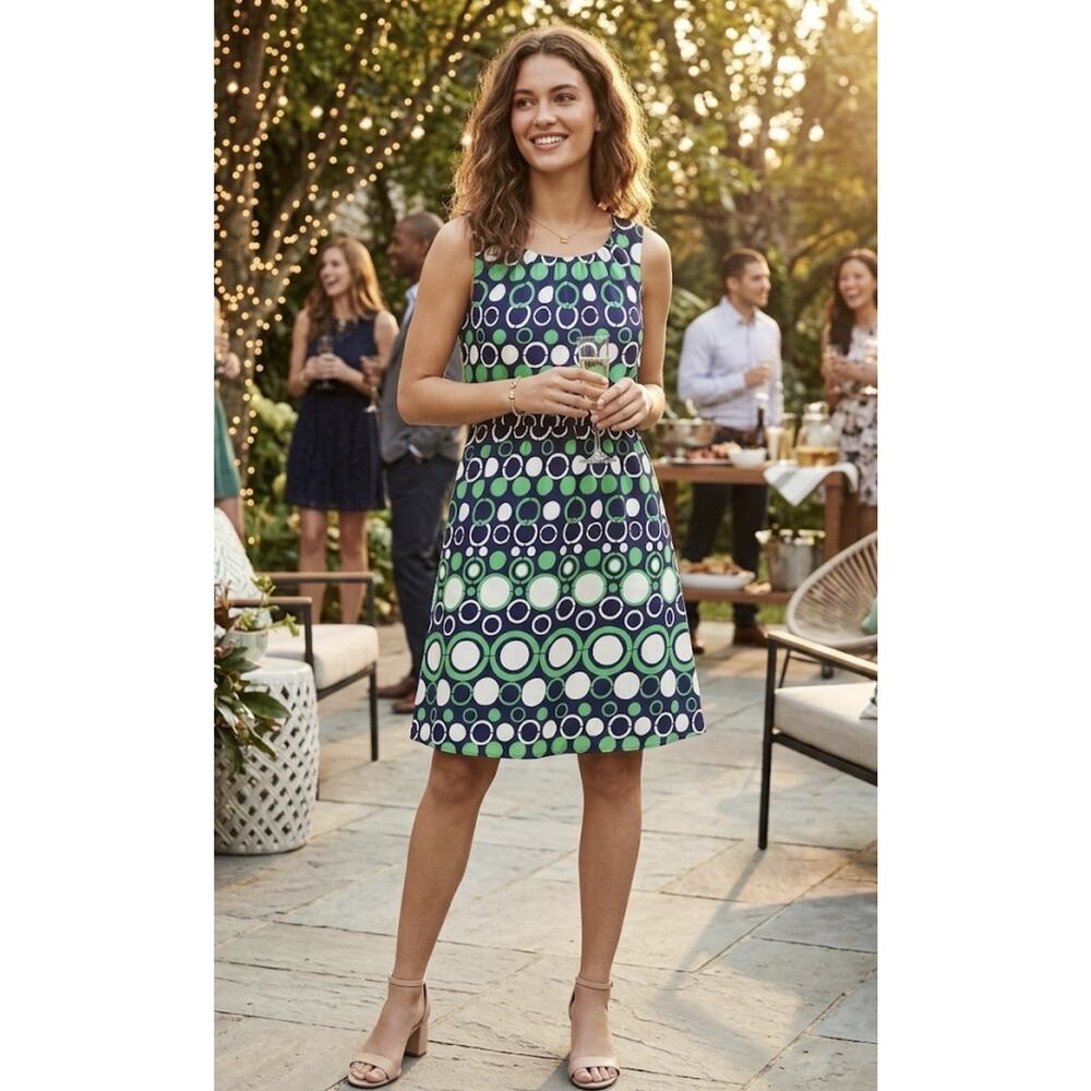 Banana Republic Sleeveless Dress Y2K Blue Green Polka Dot Print “Silk Like” Sz 0